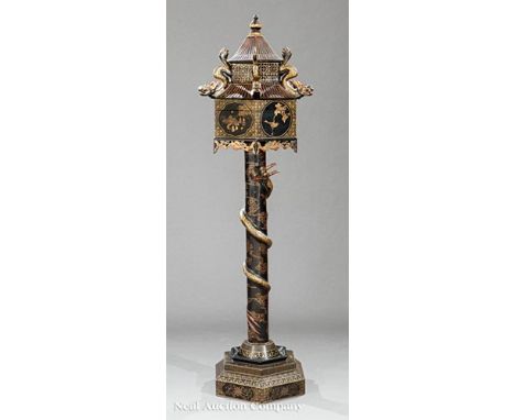 Large Chinese Export Gilt and Paint-Decorated Black Lacquer Box on Stand , 19th c., hexagonal domed cover, body carved with s