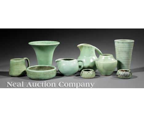Nine Shearwater Art Pottery Pieces , all but one marked, various dates, in antique green glaze, incl. two salts, pitcher, cre