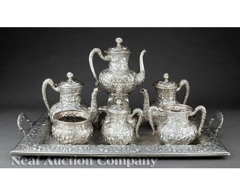 Barbour Silverplate Repousse Tea and Coffee Service with Tray , late 19th c., incl. kettle-on-stand, teapot, coffee pot, crea