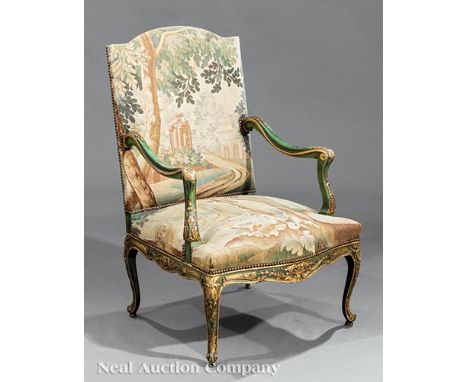 Regence Verte Peinte Gilt Fauteuil à la Reine , arched crest, scrolled shell carved arms, serpentine seat rail, cabriole legs