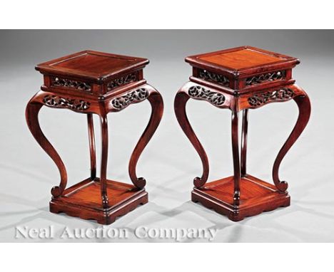 Pair of Chinese Hardwood Stands , square inset panel top, reticulated frieze, wide S-curved legs, scroll toes, plinth base , 