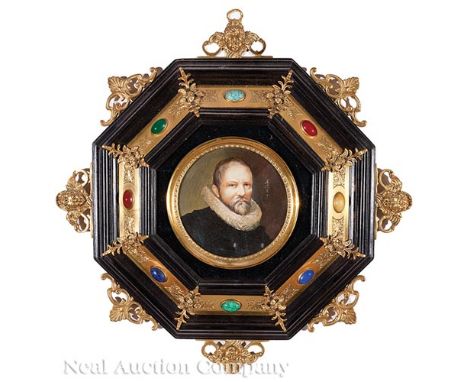 After Franz Hals (Dutch, 1585-1666) , "Portrait of a Gentleman", miniature, illegibly signed upper right, dia. 3 3/4 in., ebo