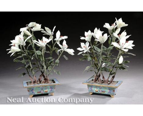 Pair of Chinese Hardstone Trees in Cloisonne Enamel Pots , probably 20th c., modeled as clusters of white lilies with green l