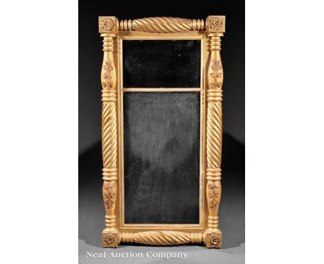 American Classical Carved Giltwood Pier Mirror , early 19th c., split baluster surround with rosette blocks, divided mirror p
