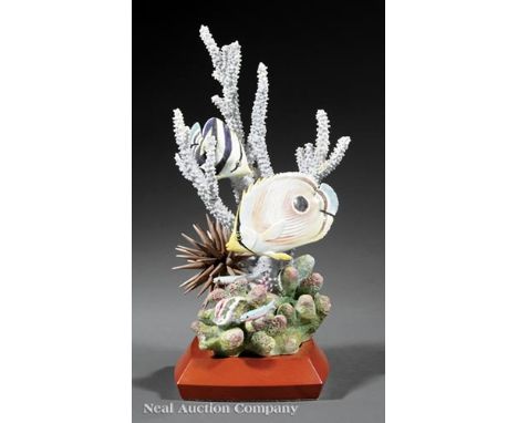 Royal Worcester Porcelain "Four-Eyed and Banded Butterfly Fish" , mid-20th c., designed and modeled by R. Van Ruyckevelt, no.