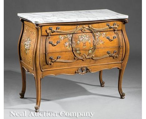 Italian Rococo-Style Paint-Decorated Bombe Commode , marble top, three drawers, cabriole legs , h. 31 1/4 in., w. 37 in., d. 