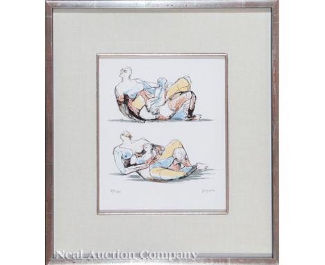 Henry Moore (British, 1898-1986) , "Two Reclining Mother and Child Studies", color lithograph, pencil-signed and numbered "60