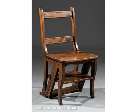 American Oak Metamorphic Library Step/Chair , late 19th c., slat back, hinged plank seat , h. 34 in., w. 16 3/8 in., d. 14 1/