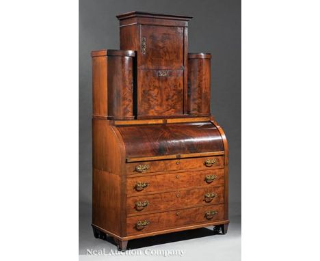 Biedermeier Inlaid Mahogany Secretaire à Cylindre , early 19th c., cabinet superstructure, central compartment with architect