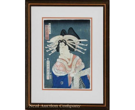 Utagawa Kunisada (Japanese, 1786-1865) , "Portrait of a Courtesan (possibly an Actor) Reading", woodblock print, sheet 14 1/8