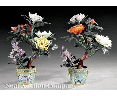 Pair of Chinese Hardstone Trees in Cloisonne Enamel Pots , probably 20th c., modeled as peony branches, circular bases, h. 16