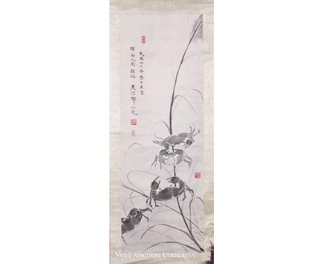 Chinese School, probably 20th c ., "Crabs amid Water Reeds", ink on paper, inscribed and sealed upper left, sealed mid-right,