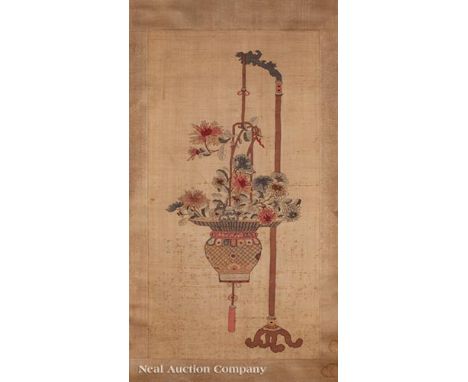 Chinese Kesi Panel , probably 19th c., woven in slit-weave technique and couched metallic threads with a hanging basket of ch