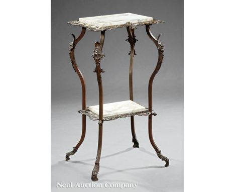 Art Nouveau Brass and Marble Fern Stand , late 19th c., inset marble top, pierced molded edge, stretcher shelf, cabriole legs