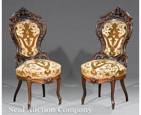 Pair of American Rococo Carved and Laminated Rosewood Side Chairs , mid-19th c., attr. to J. & J.W. Meeks, New York, in the "