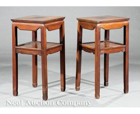 Near Pair of Chinese Hardwood Tables , probably Qing Dynasty (1644-1911), waisted inset panel top, shaped frieze, medial shel