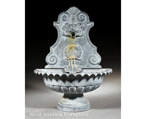 Continental Cast Iron Wall Fountain , backplate with animal mask spout, scalloped basin, h. 31 in., w. 23 1/2 in., d. 14 in  