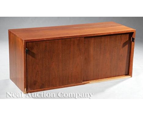 Knoll Walnut Cabinet and a Knoll Teak Side Table , cabinet labeled "Knoll Associates, Madison Ave, NY", leather pulls, shelve