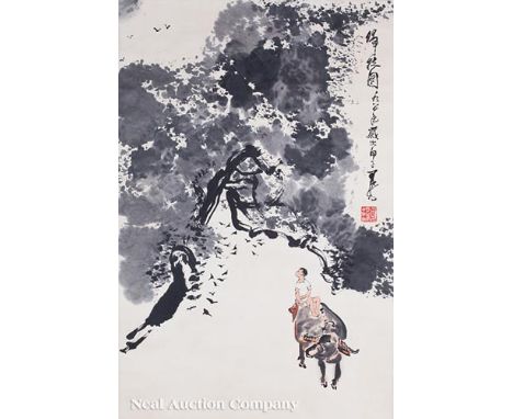 Chinese School, probably 20th c ., "Boy on Buffalo Beneath Tree", ink and color on paper, bearing signature of Li Keran, 26 3