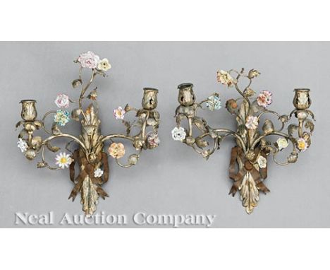 Pair of Louis XVI-Style Tole and Enameled Two-Light Sconces , 19th c., foliate candle sockets and standard, applied enamel fl