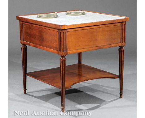 Louis XVI Fruitwood Rafraîchissoir , late 18th c., inset marble top fitted with wine coolers, stop-fluted stiles and tapered 