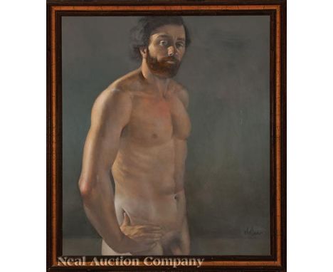 American School, 20th c ., "Nude Portrait of a Standing Man", oil on masonite, signed "Alexander" lower right, 48 in. x 41 1/
