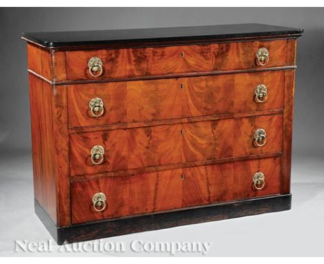 Louis Philippe Figured Mahogany Commode , mid-19th c., marble top, frieze drawer over three long drawers, plinth base , h. 37