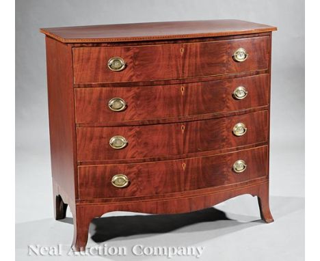 Good American Federal Inlaid Mahogany Bowfront Chest of Drawers , late 18th/early 19th c., figured drawers, shaped skirt, "Fr