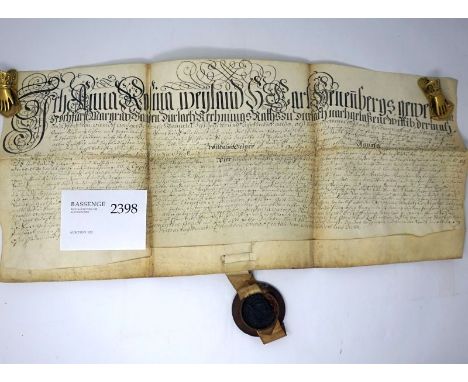 Pforzheim. - Kaufbrief. Deutsche Handschrift auf Pergament. 1 S. Mit angehängtem Wachssiegel (defekt) in gedrechselter Holzka
