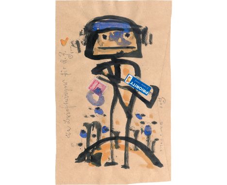 Hussel, Horst. "Ein Briefträger". Aquarell auf hellbraunem Kuvert mit montierter Briefmarke und einem Aufkleber "Priority [1.