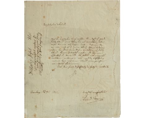 -- Vor der "Rienzi"-Uraufführung-- - Eigh. Brief m. U. "Richard Wagner" und Adresse. 1 S. Doppelblatt. Gr. 4to. (Dresden) "Mo