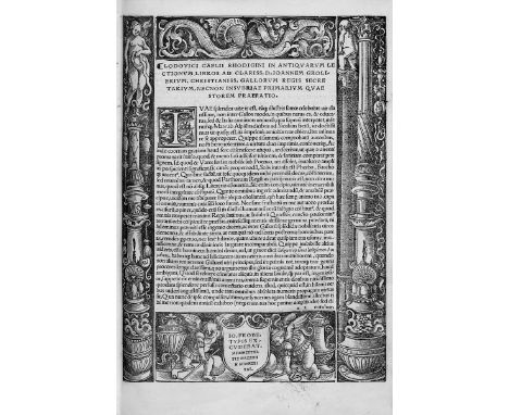 Rhodiginus, Lodovico. Lectionum antiquarum Libri XVI. 42 Bl., 862 S., 3 Bl. Mit 2 verschiedenen Holzschnitt-Druckermarken und