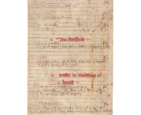 Gültbuch. Fragment einer deutschen Handschrift auf Pergament. 2 Fragmentbl. mit 4 S. Text in Schwarz und Rot. Jeweils 32 rot 