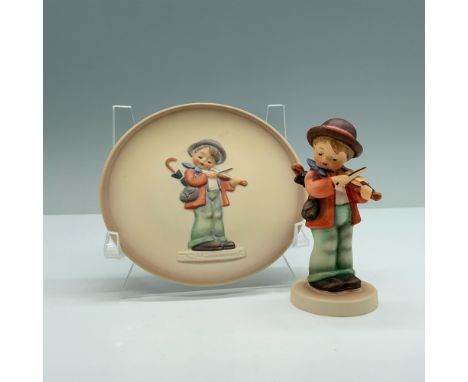 Hand painted porcelain set with matte finish features a figurine with a matching miniature plate of a little violinist boy. G
