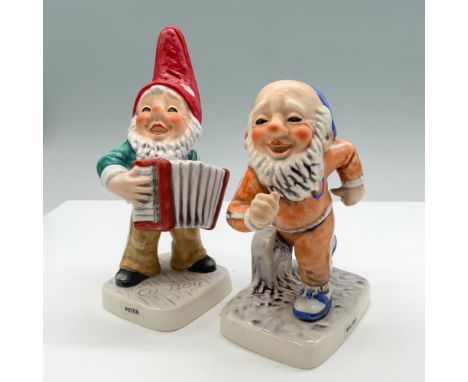 Hand painted porcelain set of two adorable gnomes. An accordion player called Peter and a runner called Walter. Goebel backst