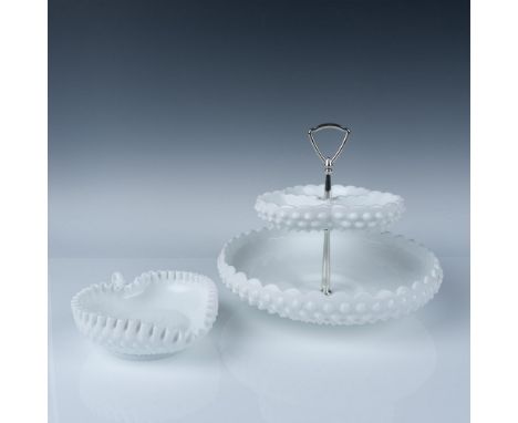 Vintage group of milk glass in the Hobnail pattern. Includes: 1 Three part relish top, 1 Bottom server platter (both attaches