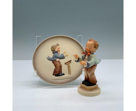 Hand painted porcelain set with matte finish features a figurine with a matching miniature plate of a little orchestral direc