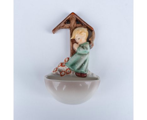 Hand decorated Holy water wall plaque font of an adorable angel praying. Artist impressed signature and number on the backsid