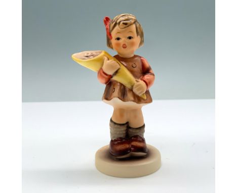 Hand-painted porcelain featuring a girl holding s flowers bouquet. Goebel backstamp. M. I. Hummel impressed on the round base