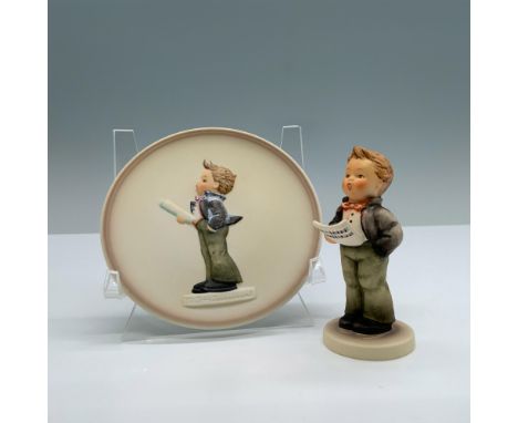 Hand painted porcelain set with matte finish features a figurine with a matching miniature plate of a little singer boy. Goeb