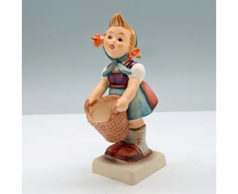 Hand painted porcelain showcasing a young girl in a red dress with a blue bonnet, holding a basket in her hands. Goebel backs