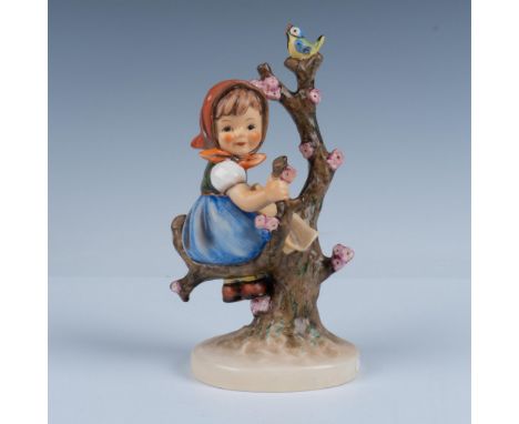 Hand decorated figure of an adorable girl on the apple tree with singing bird. Artist impressed signature in the base. Goebel