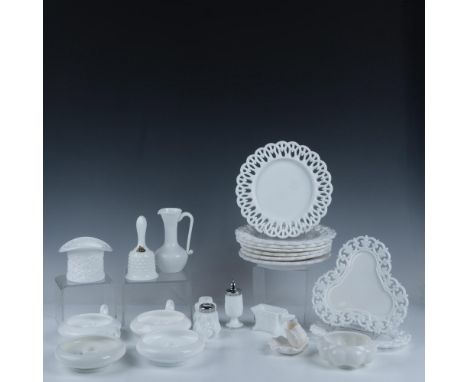 Pressed glass collection, includes: 1 Fenton hobnail bell; 5.5"H x 3" dia. 1 Westmoreland Forget Me Not luncheon plate; 8.5" 
