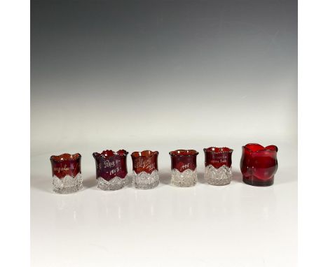 Set of six round red art glass toothpick holders, featuring flower shaped topper edges and five intricate glass cut flower sh
