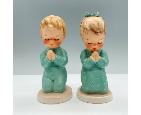 Hand painted porcelain set features two tender kids praying in their pajamas. Goebel backstamp. Charlot Hill impressed on the