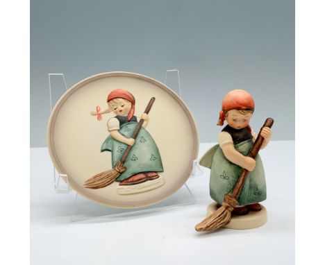 Hand painted porcelain set with matte finish features a figurine with a matching miniature plate of a girl with a broom. Goeb