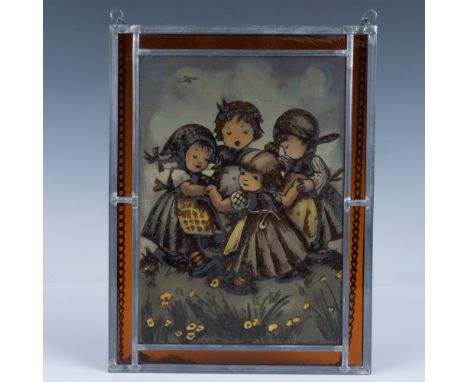 Collectible glass painting featuring four adorable children arm in arm reminiscent of childhood. Artist Signature on the lowe