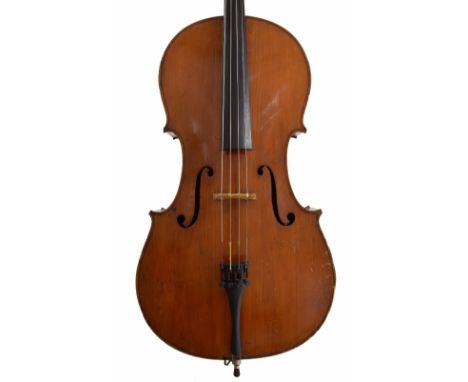 Good early 20th century German violoncello, unlabelled, the two piece back of faint medium curl with similar wood to the side