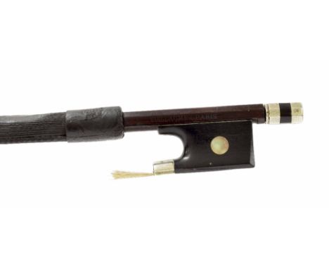 Interesting nickel mounted viola/violoncello bow stamped Vuillaume ? Paris, the stick octagonal, the ebony frog inlaid with l