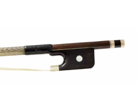 Nickel mounted violoncello bow by and stamped Voigt, the stick octagonal, the ebony frog inlaid with pearl eyes and the ebony